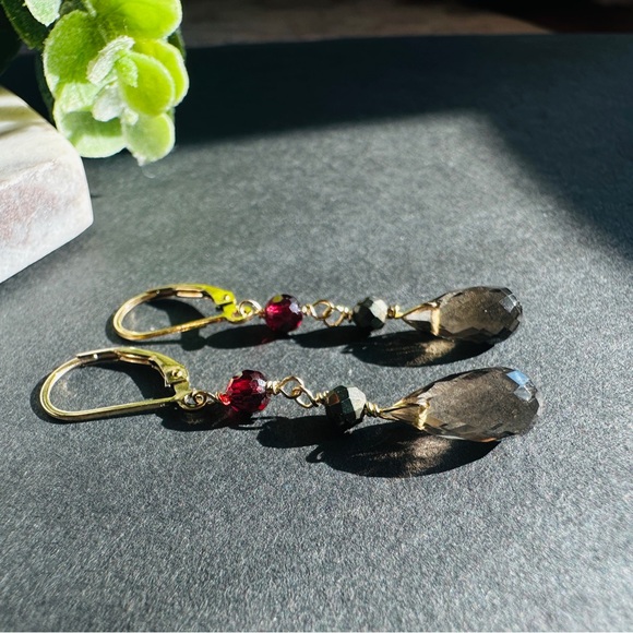 Smoky Quartz Earrings Garnet Pyrite lever back 14k GF - Picture 1 of 7